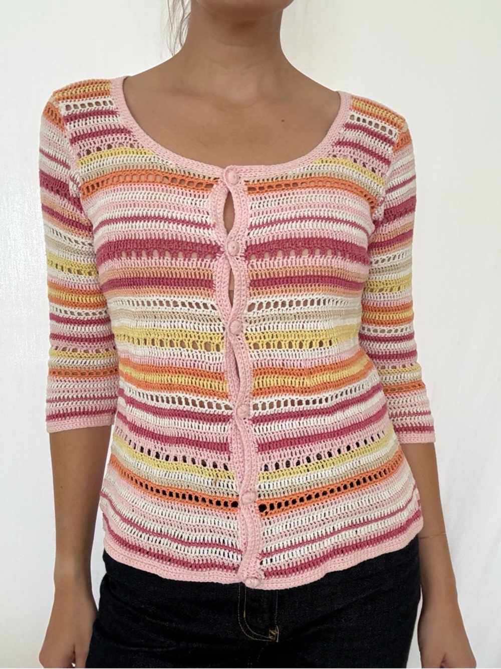Liz Claiborne Pink Multi-Stripe Crochet Button-Front Cardigan